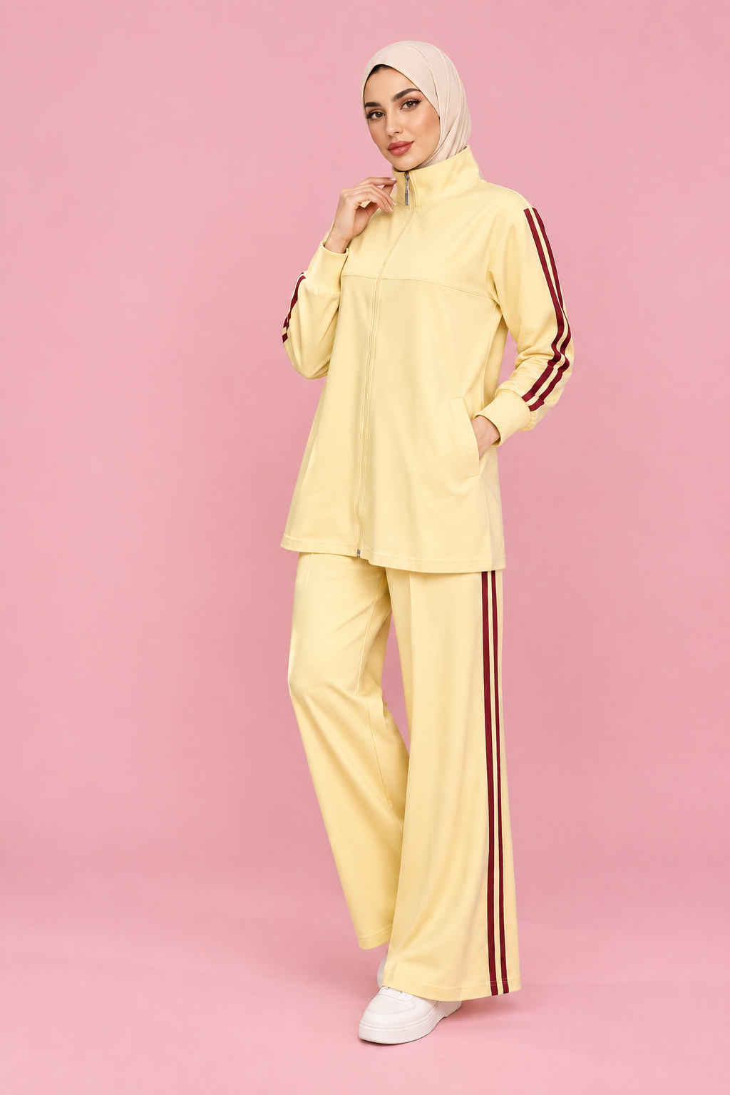 Arab Model in Yellow Sport Set - Plain Pink Background
